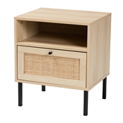 Baxton Studio Caterina Mid-Century Modern Transitional Natural Brown Finished Wood and Natural Rattan 1-Door Nightstand